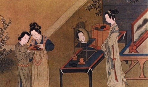本图为插簪钗首饰、穿短襦长裙的贵妇及穿袍服的侍女(宋人《半闲秋兴图》)