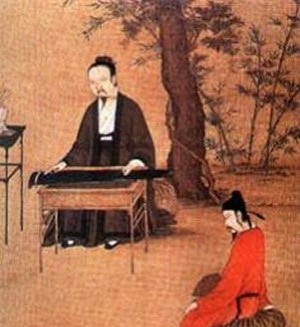 图为戴束发冠、内穿襦裙,外罩对襟衫的士人(赵佶的《听琴图》局部)