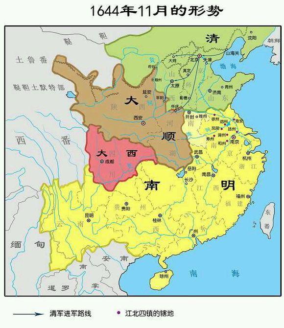 南明疆域变化图:1644年11月局势