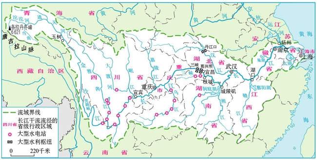 长江水系图，流域面积约180万平方公里。