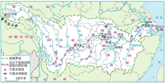 长江水系图,流域面积约180万平方公里。